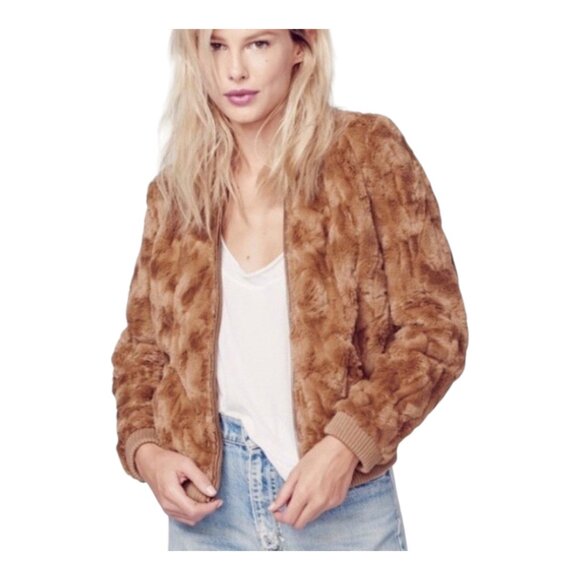 Chaser Vintage Faux Fur Full Zip Bomber Jacket in Tan Retro Vegan Women's Medium - Picture 2 of 10